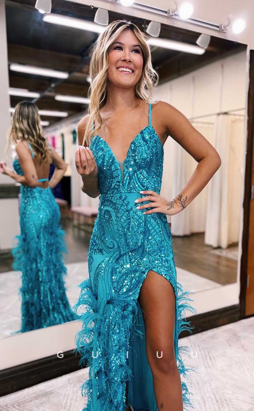 G4623 - Sexy & Hot V Neck Straps Sleeveless High Side Slit Prom Party Dress with Feather for Black Girl Slay
