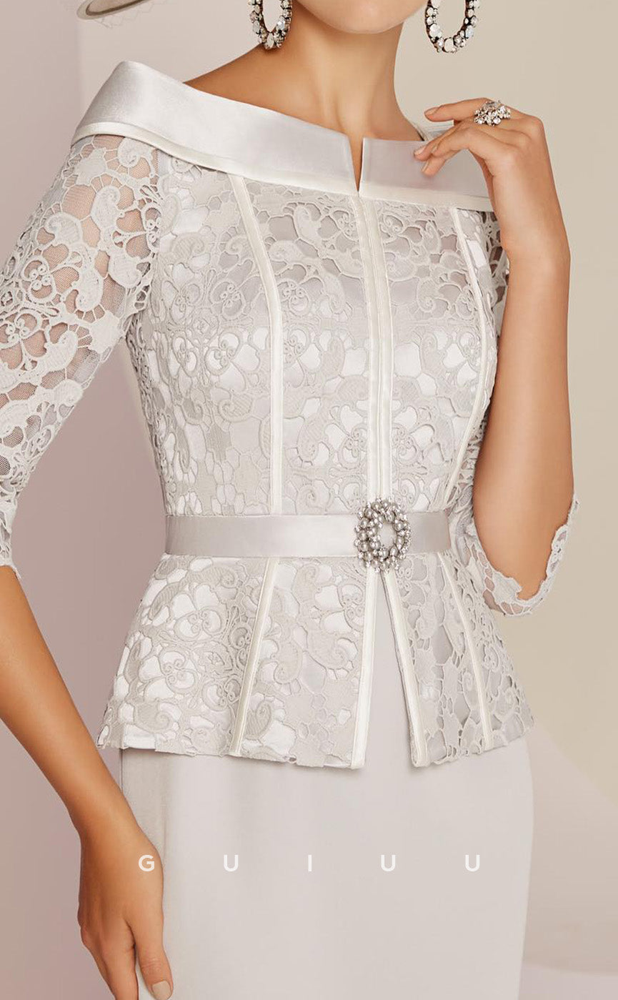 GM138 - Shath Off Shoulder 34 Length Sleeves Knee Length Lace Stain Mother of Bride Dress