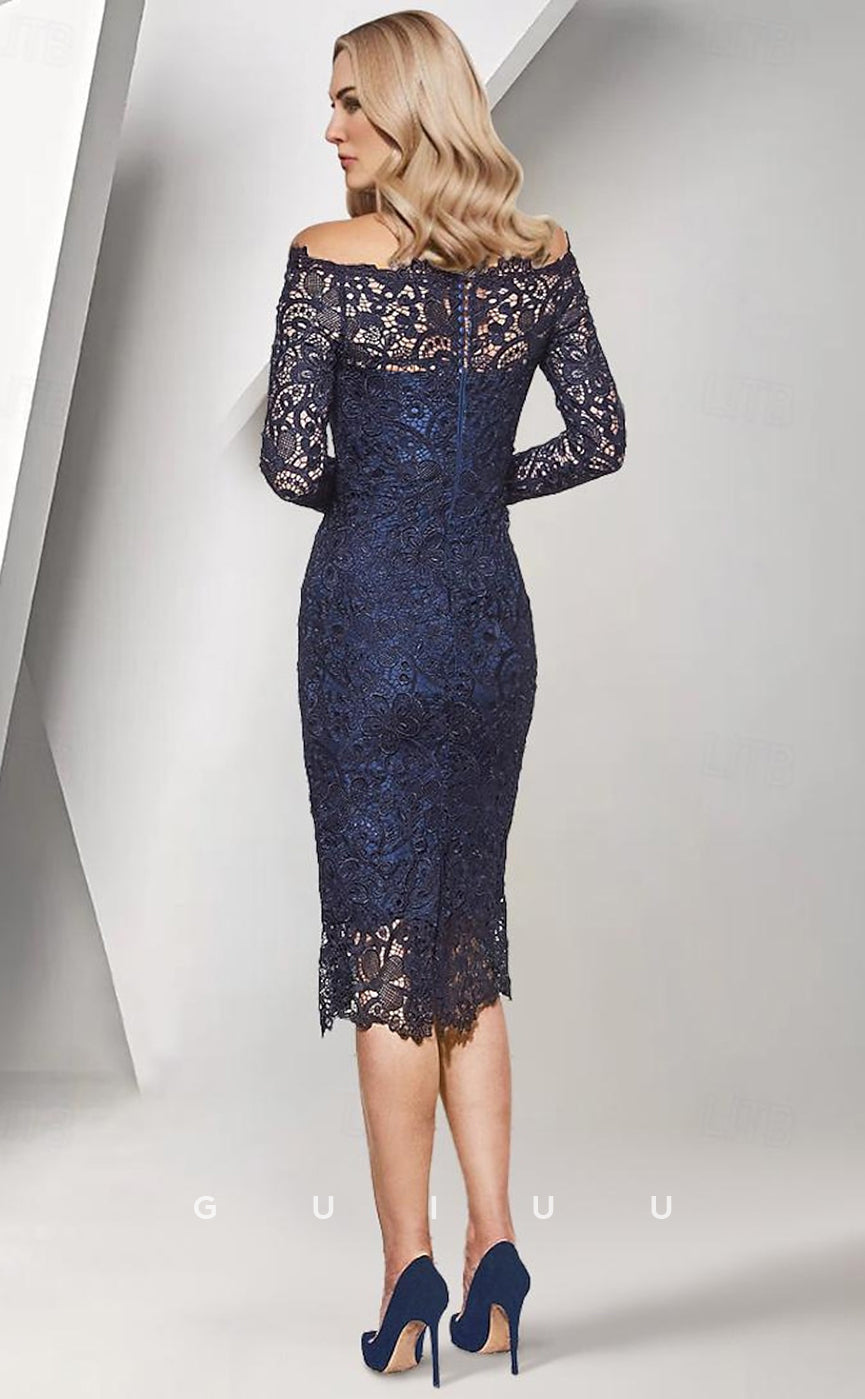 GM014 - Sheath Elegant Off Shoulder Long Sleeves Keen Length Fully Lace Mother of the Bride Dress