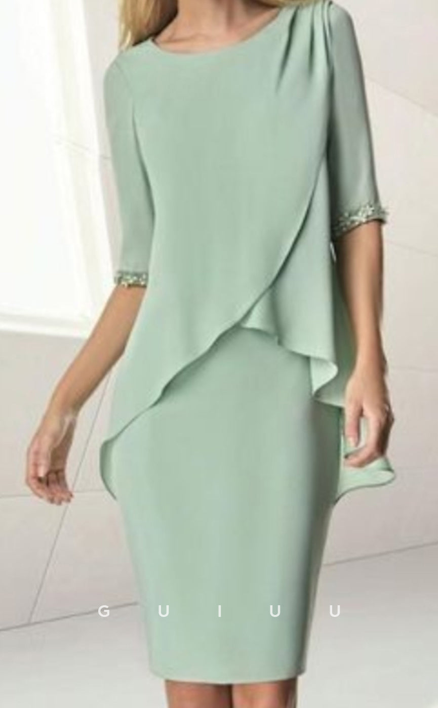 GM080 - Sheath Jewel Neck Half Sleeves Knee Length Ruffles Chiffon Mother of the Bride Dress