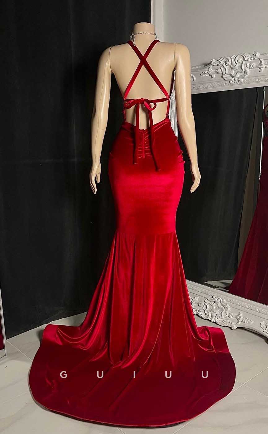 G4563 - Sheath Mermaid Deep V Neck Halter Sequined Red Velet Pleats Prom Party Dress with Slit and Train