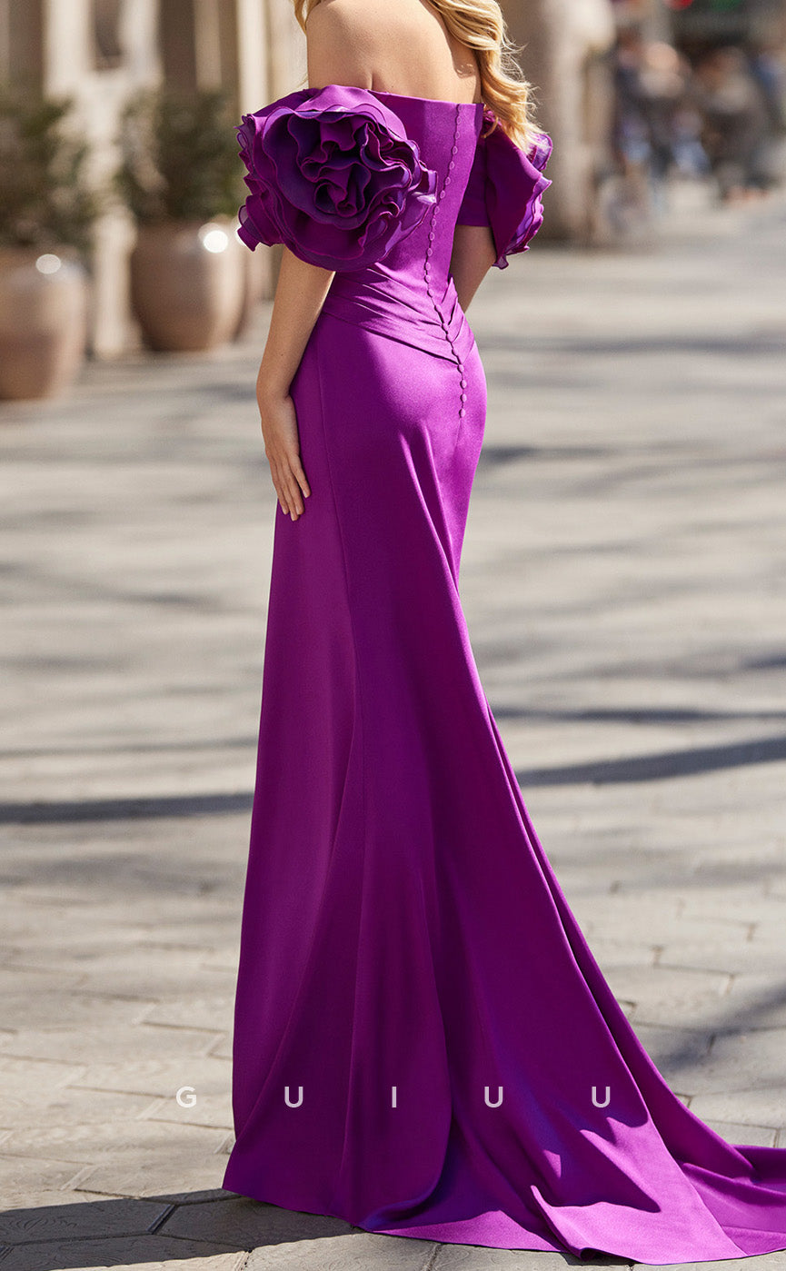 GM226 - Sheath Off Shoulder Dark Purple Stain Long Cocktail Dress with High Side Slit