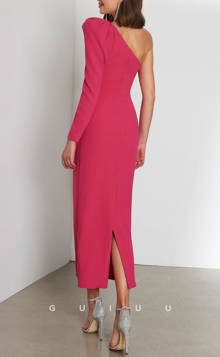 GM206 - Sheath One Shoulder Long Sleeves Tea Length Back Zipper Cocktail Dress Wedding Guest Dress
