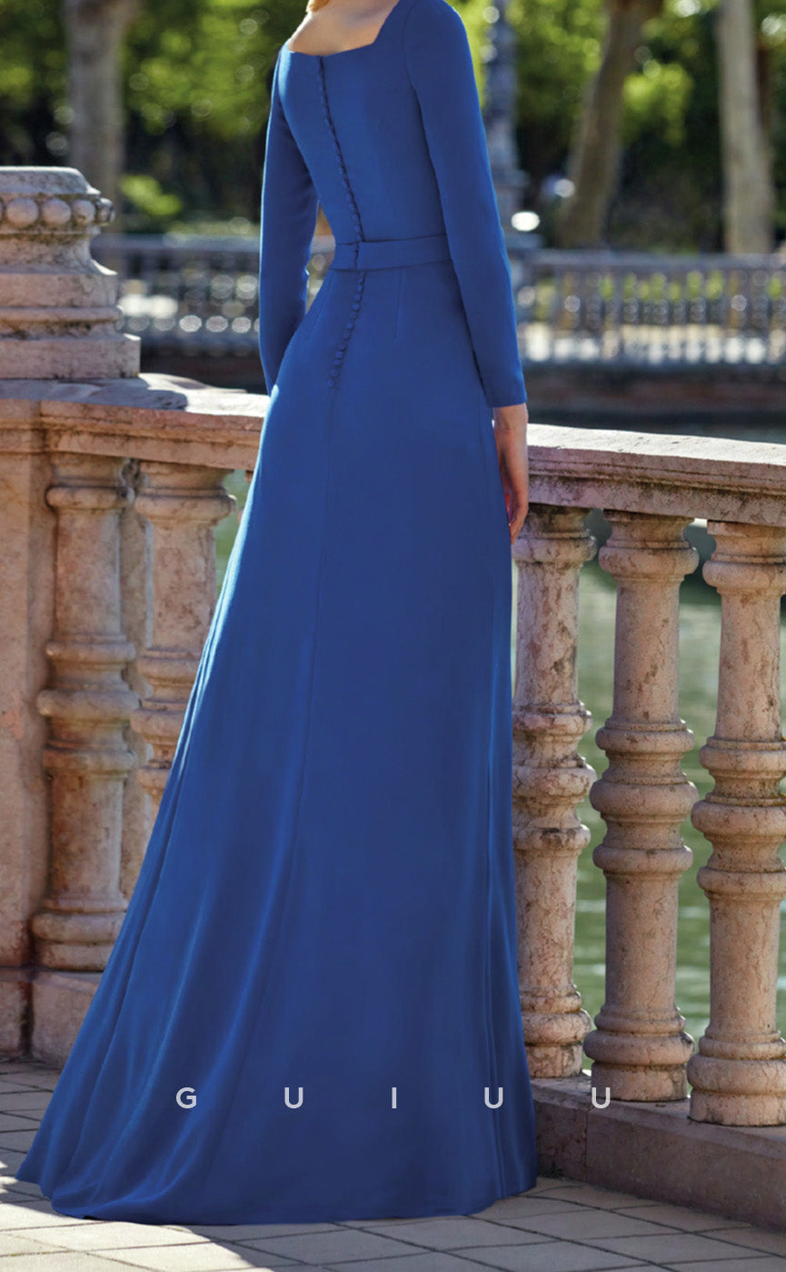 GM271 - Sheath Square Neck Long Sleeves Pleated ong Cocktail Dress with High Side Slit