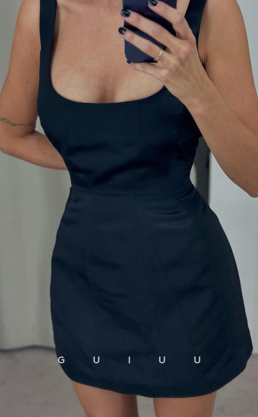 GH952 - Sheath Square Straps Sleeveless Satin Black Homecoming Dress