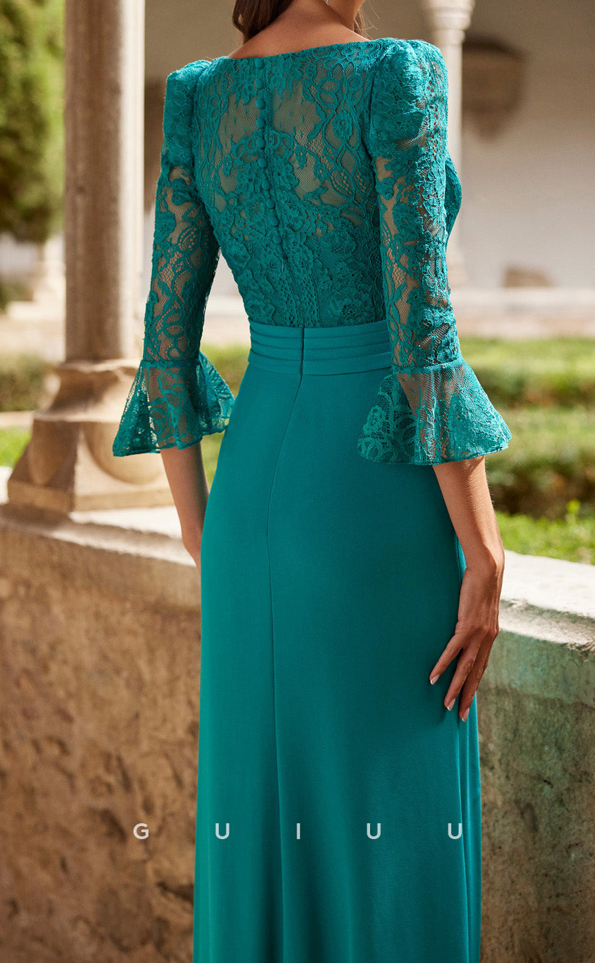 GM178 - Sheath V Neck 34 Length Ruffles Lace Cocktail Dress Wedding Guest Dress with Flower