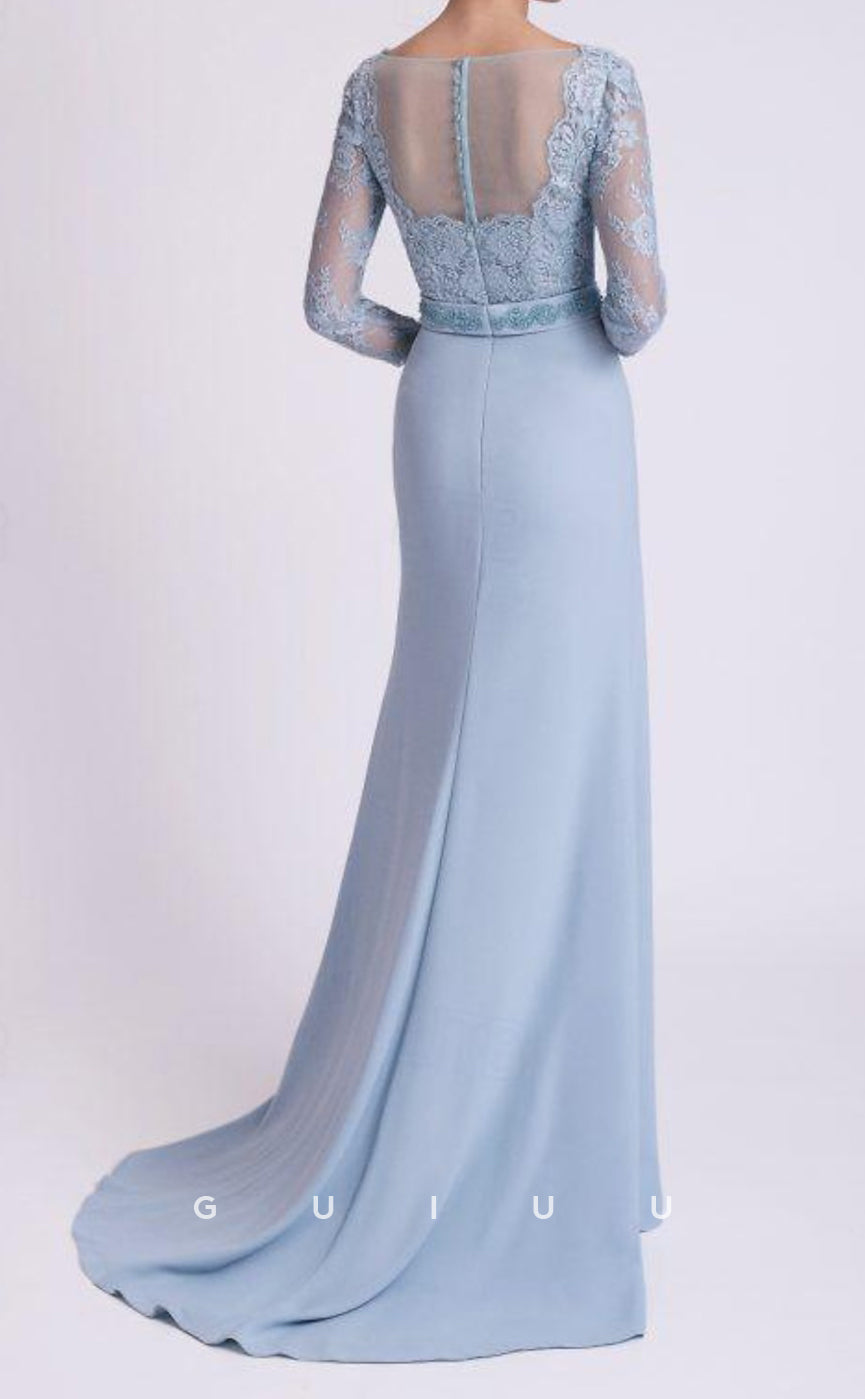 GM071 - Sheath V Neck Floor Length 34 Lengfh Sleeves Appliques Chiffon Mother of the Bride Dress