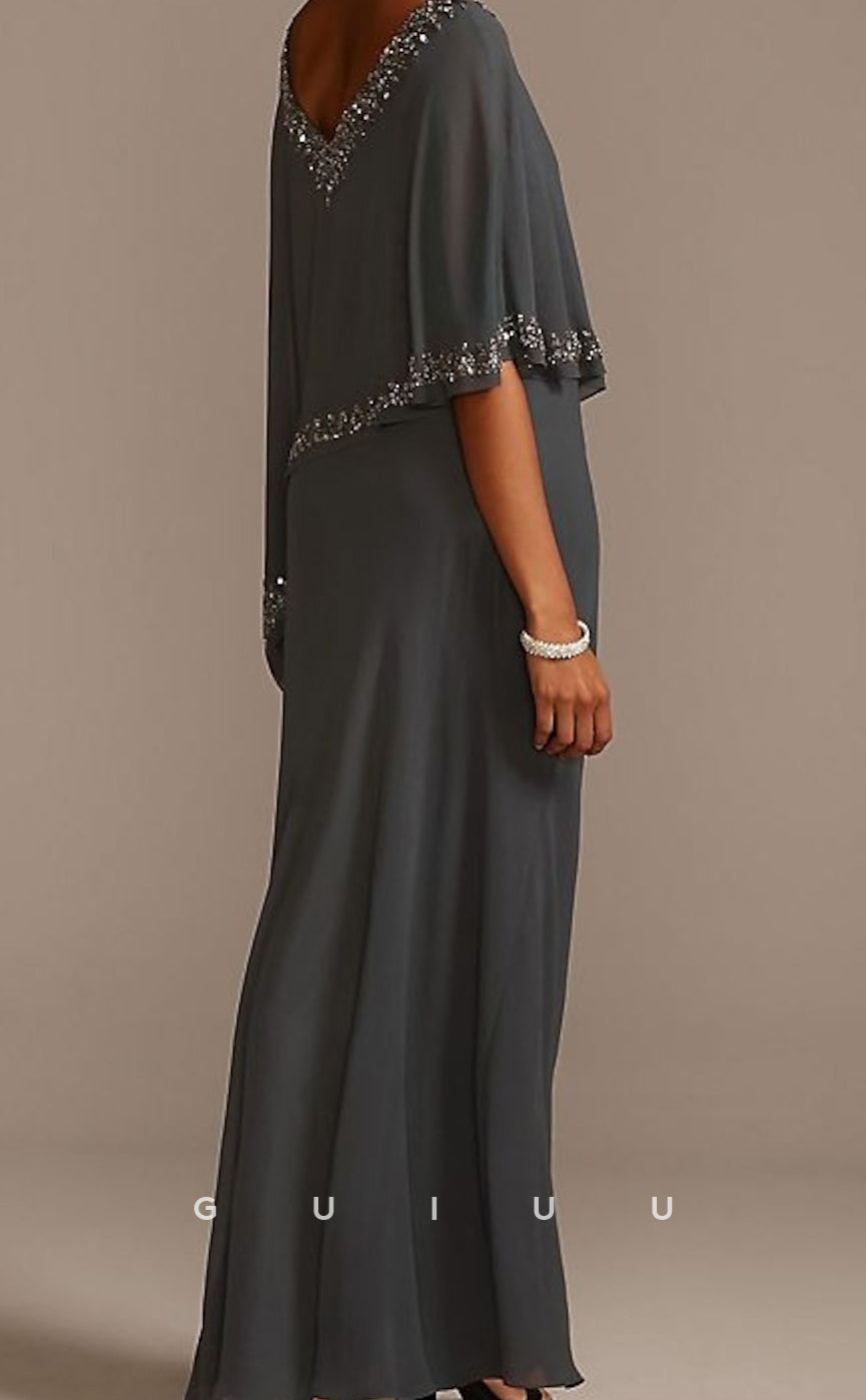 GM040 - Sheath V Neck Floor Length Chiffon Half Sleeve Beaded Mother of the Bride Dress Cape Dress Wedding Guest