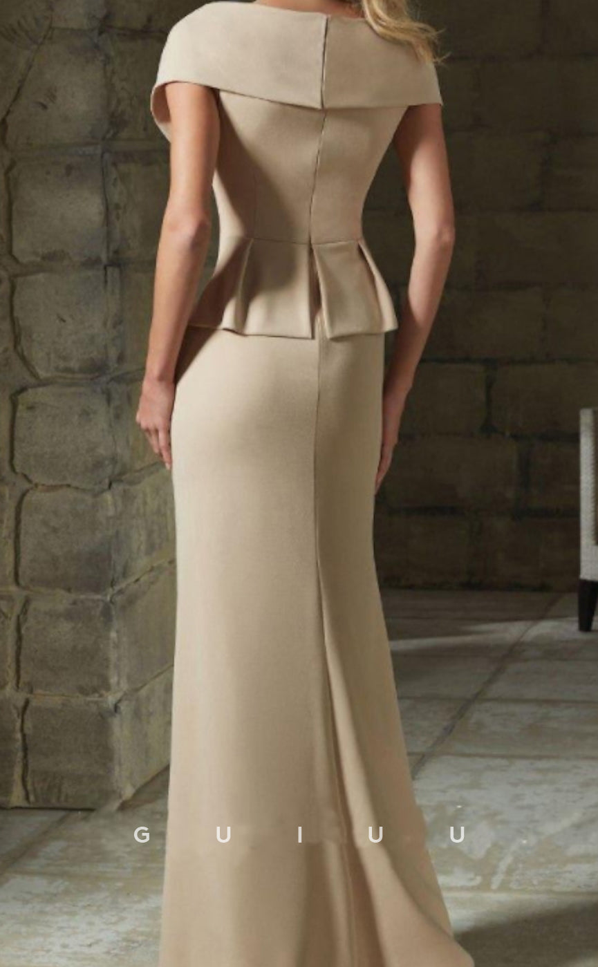 GM061 - Sheath V Neck Floor Length Short Sleeve Ruffles Back Zipper Mother of the Bride Dress