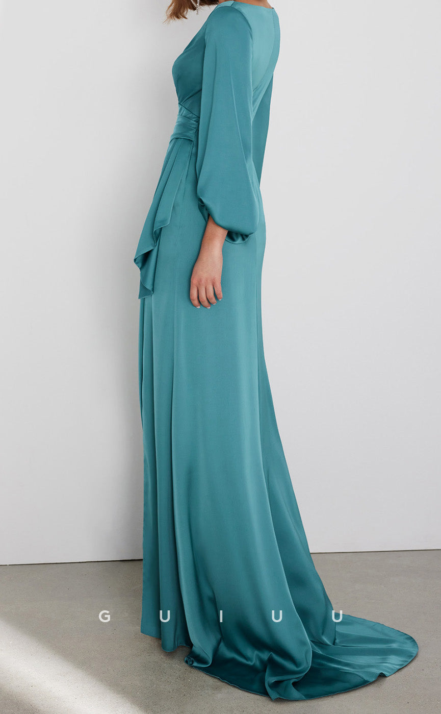 GM213 - Sheath V Neck Long Sleeves Pleated Cocktail Dress with High Side Slit ande Train