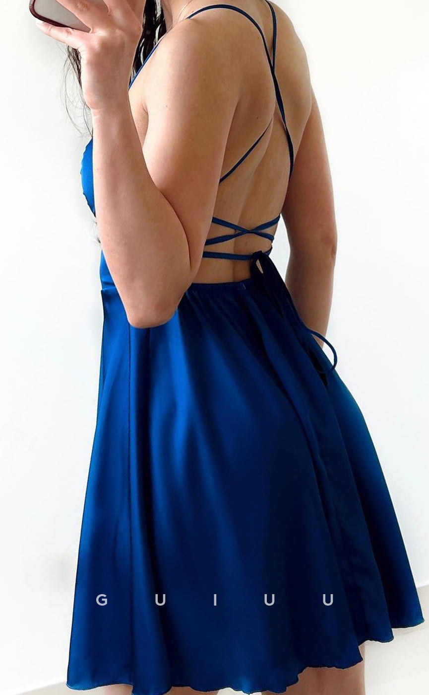 GH841 - Simple A-Line Square Straps Sleeveless Criss-Cross Straps Stain Homecoming Party Dress