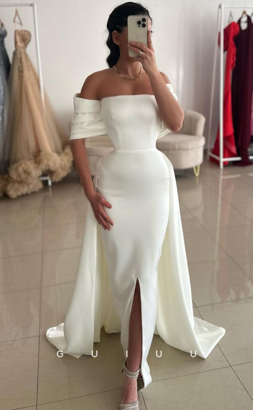 G3835 - Simple & Casual Mermaid OffShoulder Long Prom Evening Dress with Slit and Train
