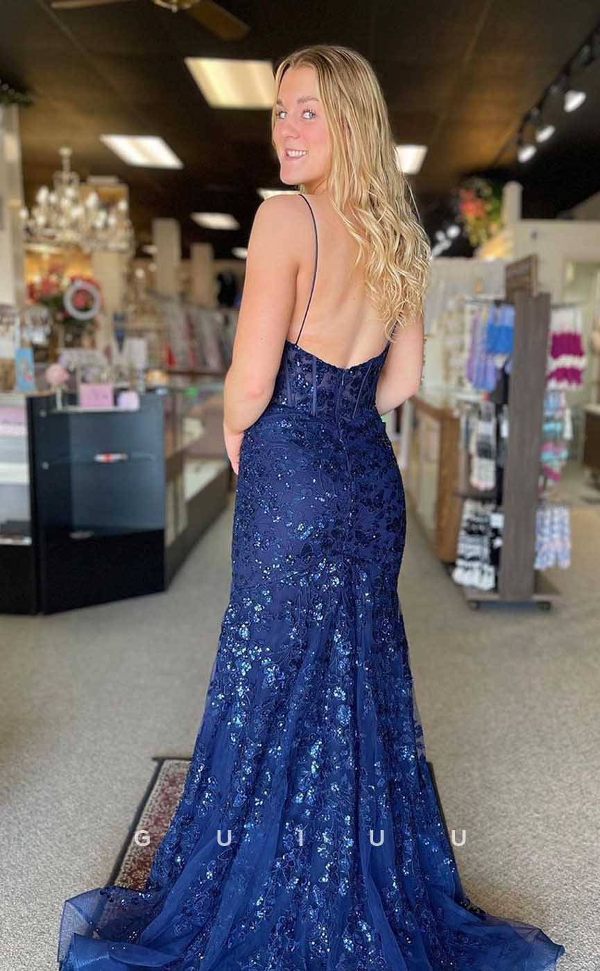 G4489 - Simple & Classic Mermaid Straps Sleeveless Allover Appliques and Sequins Long Prom Evening Dress