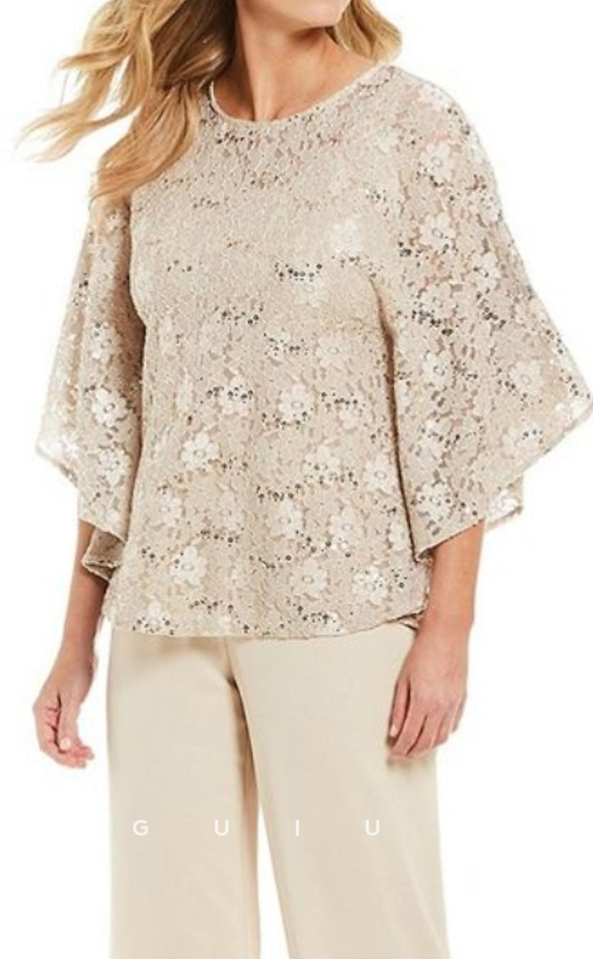 GM102 - Two Piece Jumpsuit Jewel Neck 34 Length Sleeves Floor Length Chiffon Mother of the Bride Dress