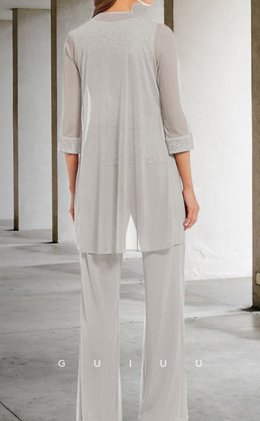 GM067 - Two Piece Pantsuit Plus Size Scoop Neck Floor Length Beaded Ruffles Mother of the Bride Dress2024