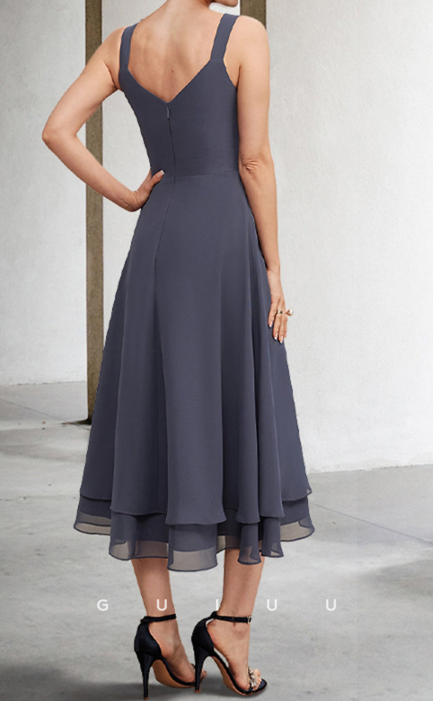 GM090 - Two Pieces A-Line V Neck Tea Length Lace Sleeves Chiffon Mother of the Bride Dress