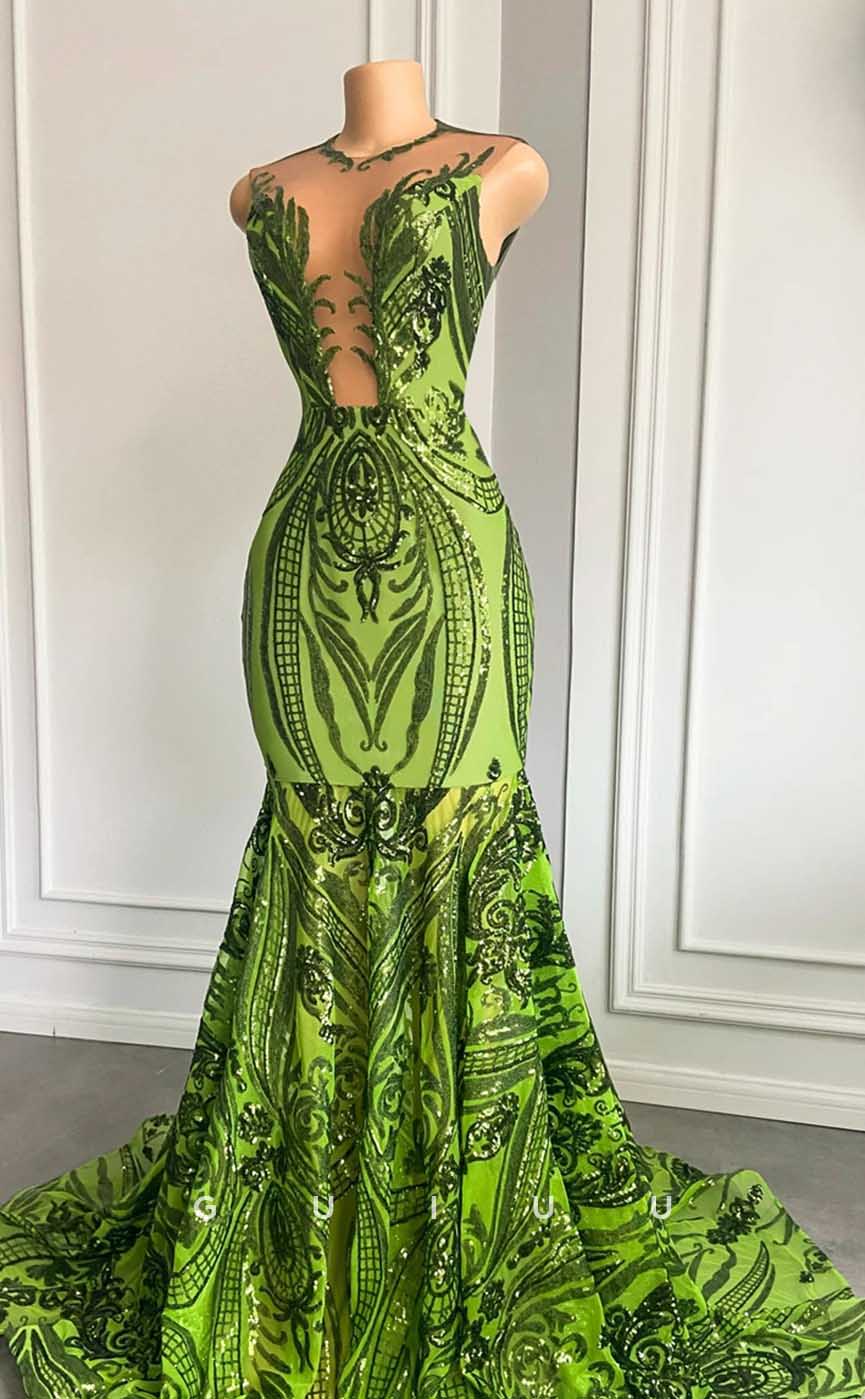 G4582 - Unique Mermaid Sleeveless Sequined Green Party Prom Dress with Court Train
