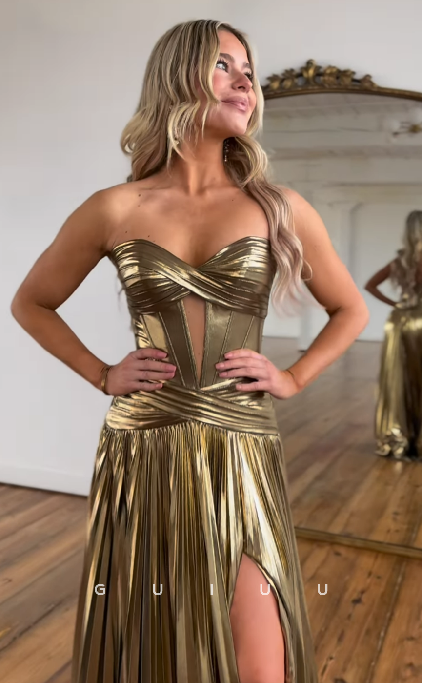 G4622 - Unique A-Line Strapless Sleeveless Pleats Party Prom Gown with Slit