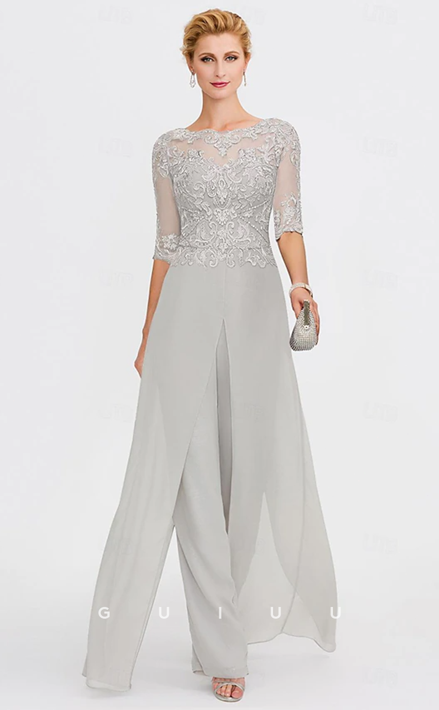 GM020 - Elegant Pantsuit Scoop Neck Sequines Half Sleeves Ankle Length Chiffon Formal Wedding Guest Mother of the Bride Dress