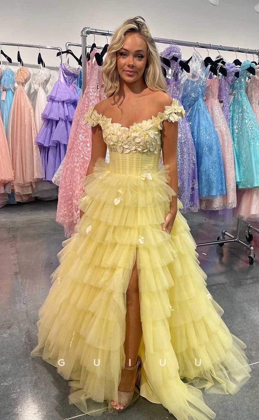 G4396 - Chic & Cute A-Line Floor Length Strapless Tulle Tiered Form Party Derss with Slit & Flower