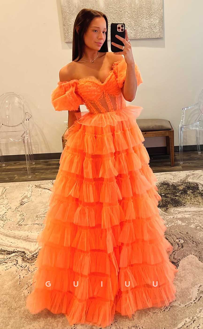 G4385 - Beautiful A-Line Strapless Off The Shoulder Lace Sleeves Tulle Tiered Formal Evening Gown with High Slit