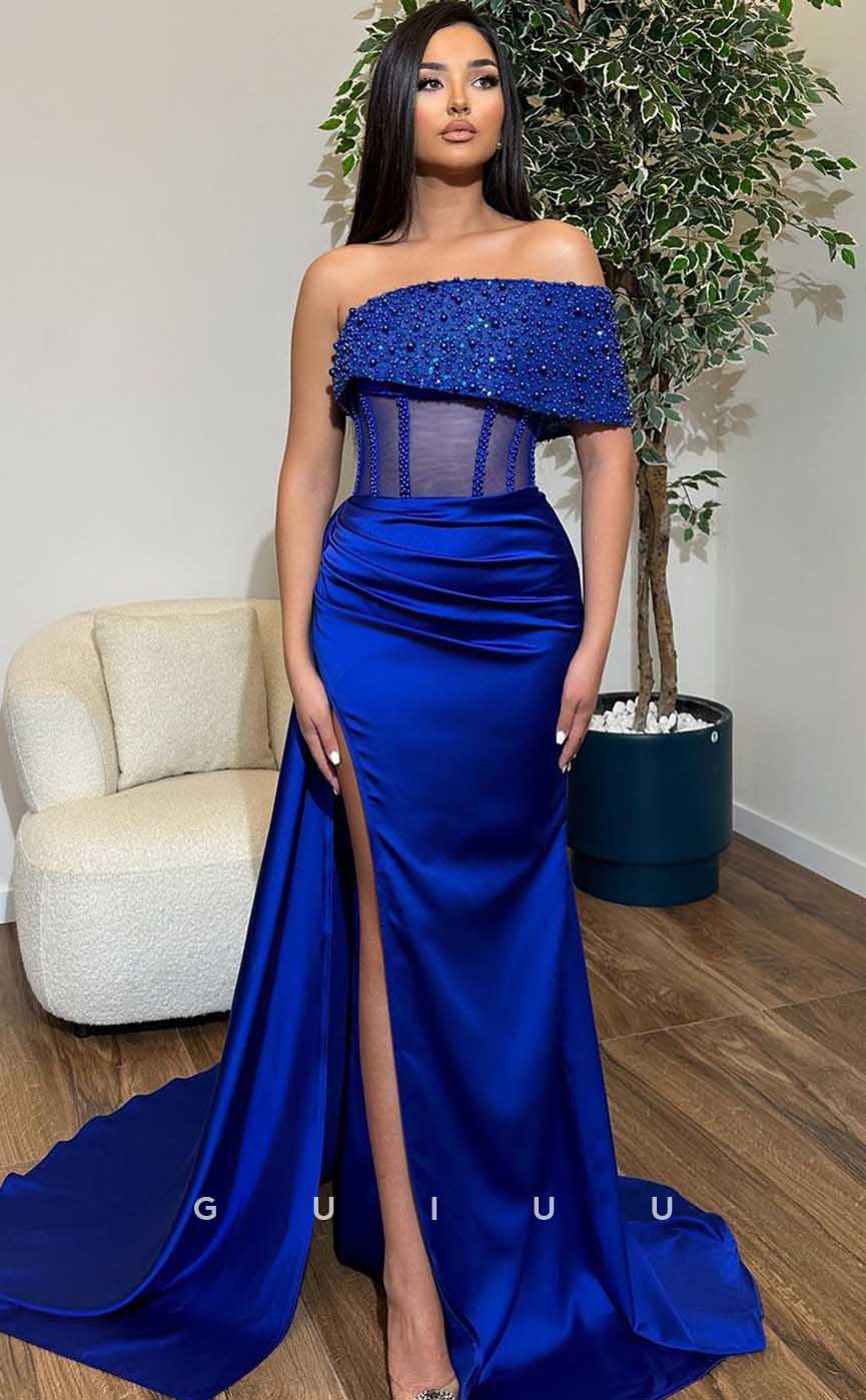 G4416 - Chic Column Mermaid Ruched Beaded Stain Long Sweep Prom Ddress with Slit