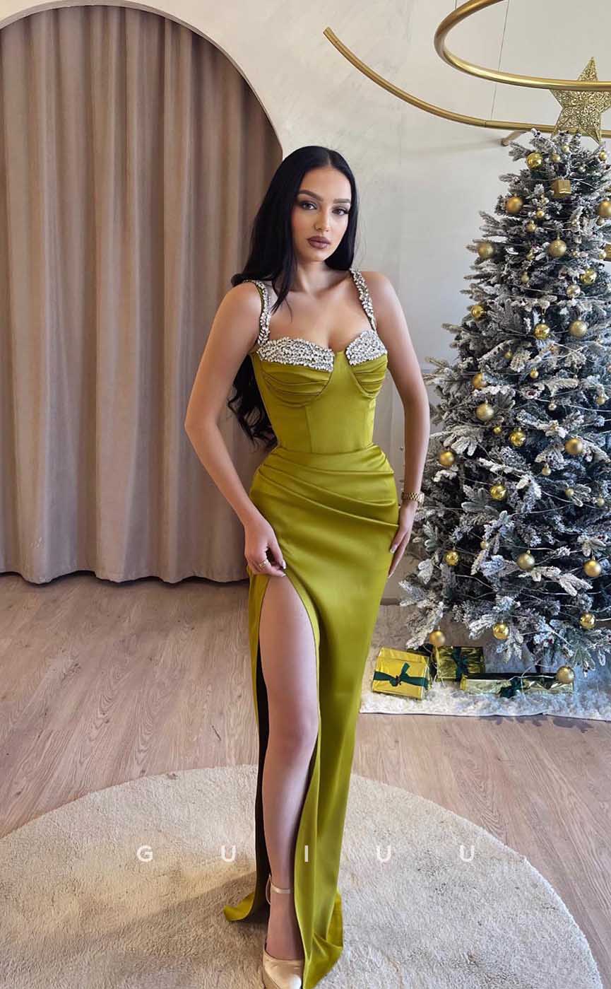 G4387 - Chic & Modern Column Rhinestone Straps Long Prom Party Dress with Slit