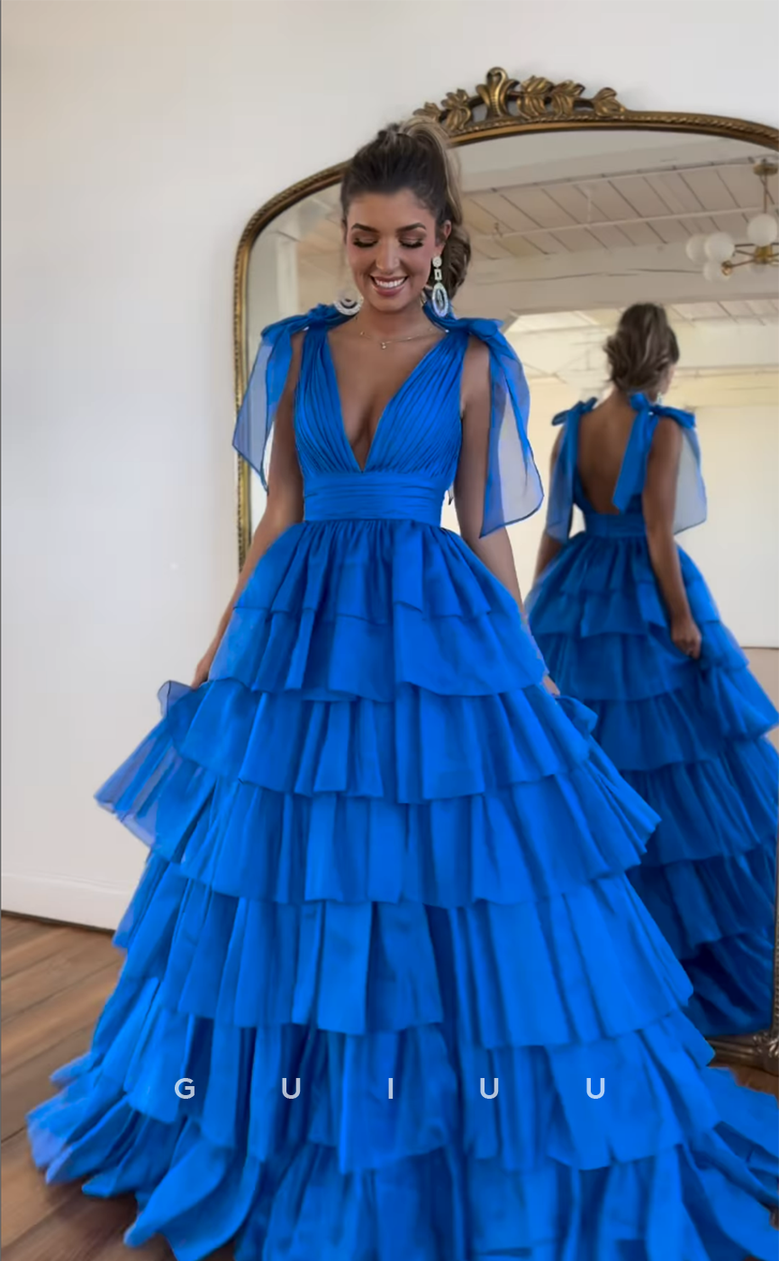 G4406 - Glamorous A-Line Blue V Neck Pleats Open Back Sleeveless Long Prom Formal Dress with Slit