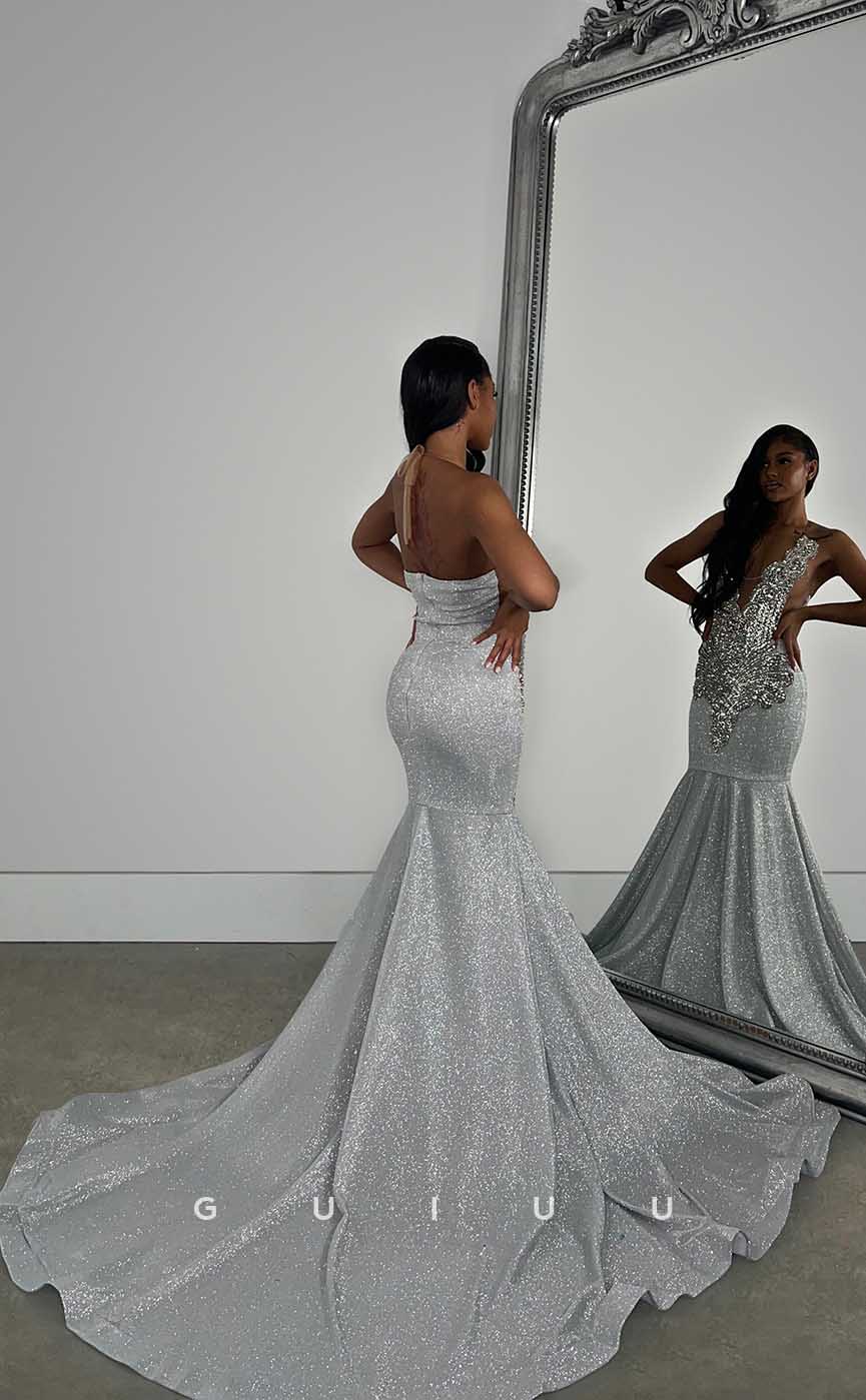 G4429 - Glamorous Mermaid Deep V Neck Sleeveless Allover Crystal Open Back Prom Party Dress with Train for Black Girl Slay