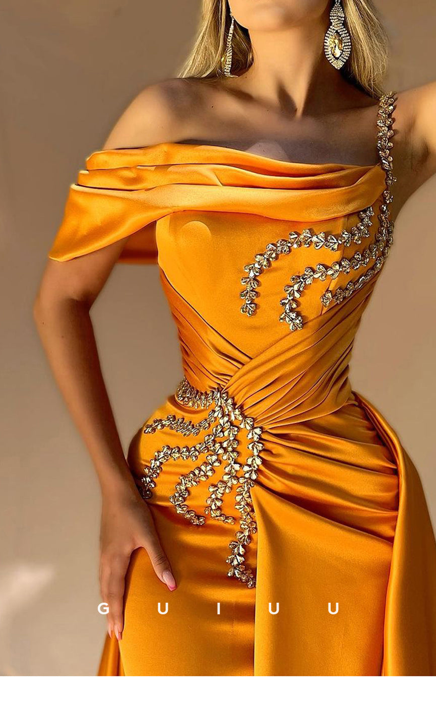 G3329 - Ornate Column Sweep &Asymmetrical Train Satin Strapless Beaded Ruched Evening Party Dress