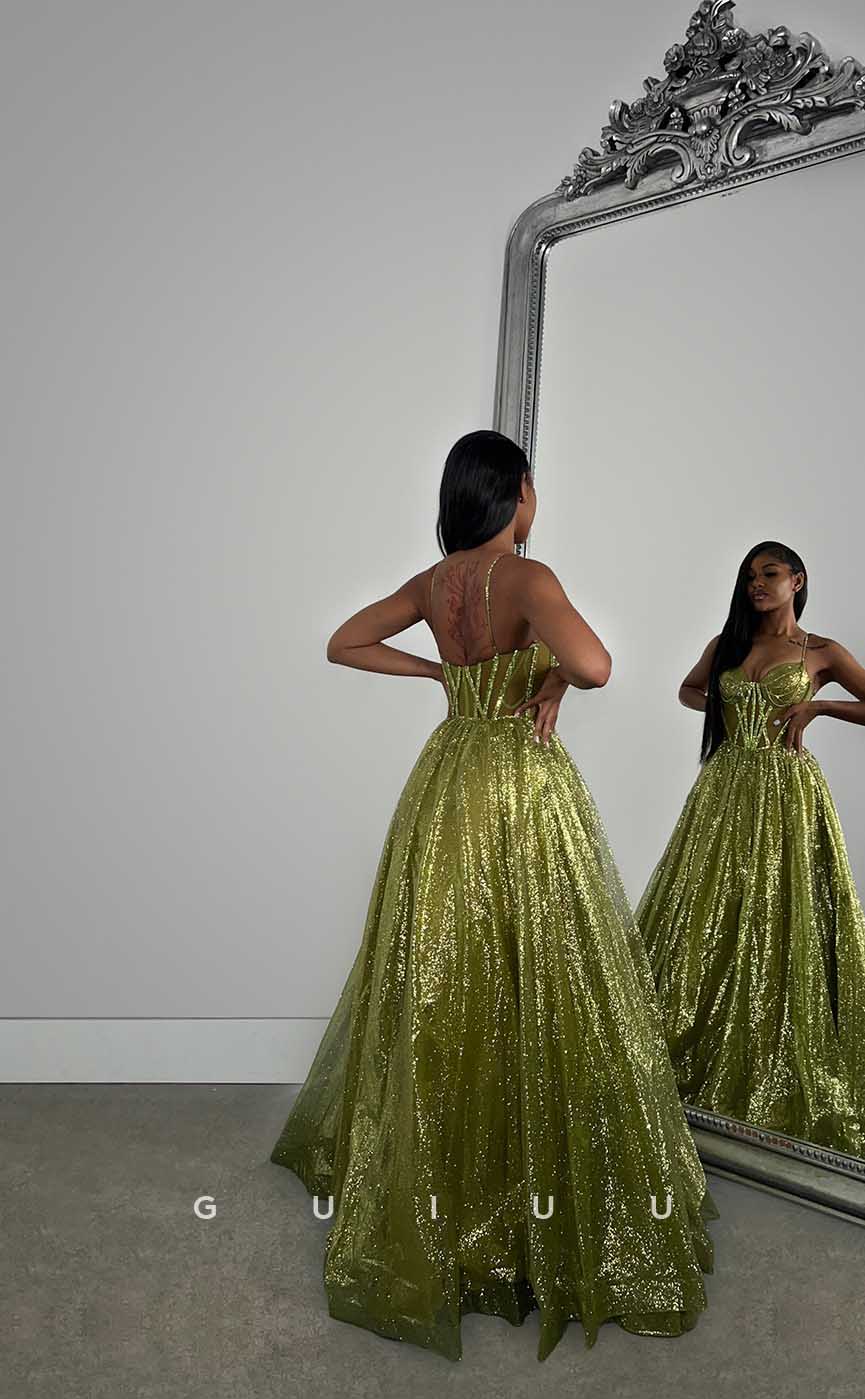 G4420 - Sexy & Hot A-Line Spaghetti Straps Strapless Glitter Sleeveless Long Prom Evening Dress for Black Girl Slay