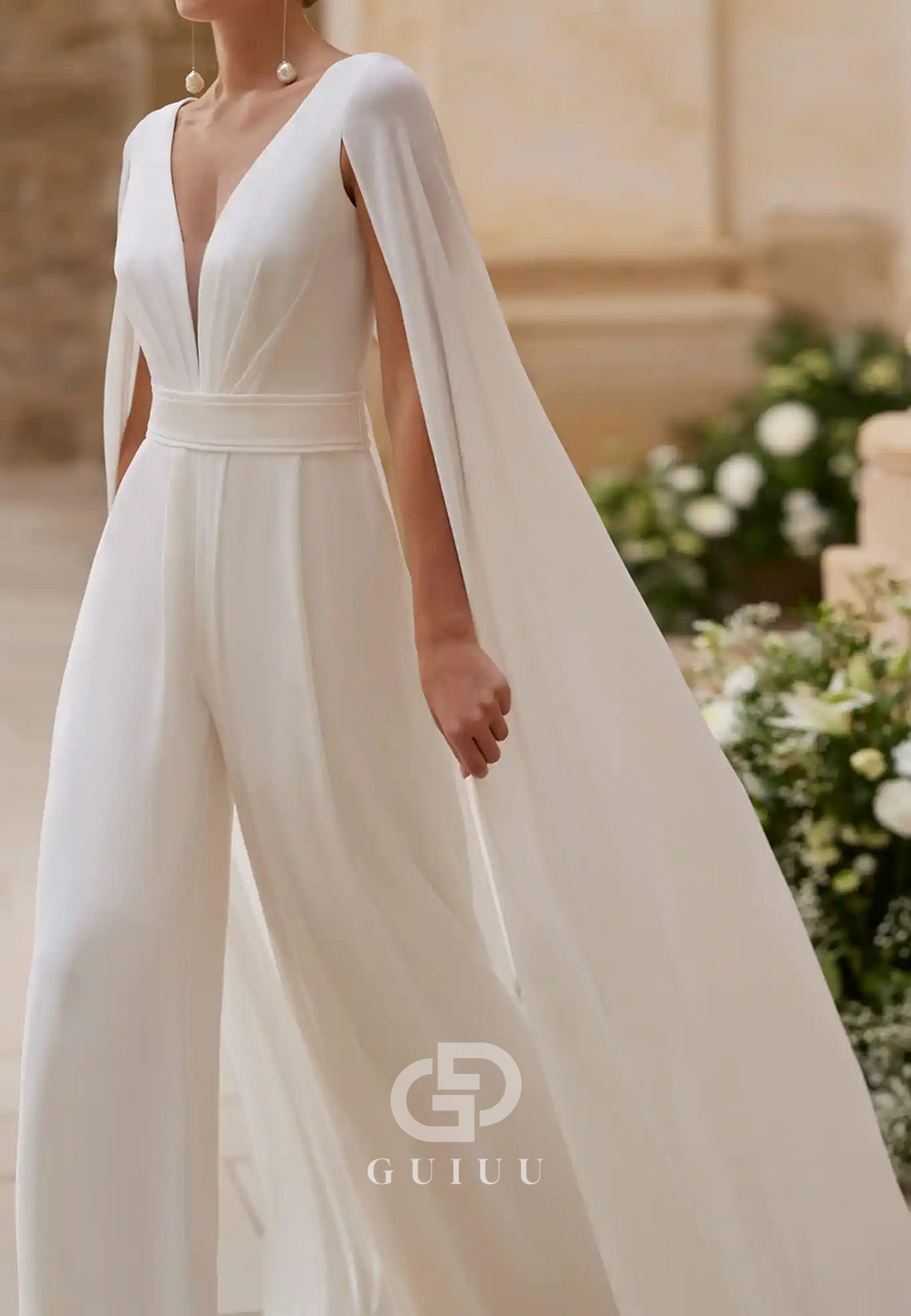 Elegant V-Neck Cape Jumpsuit Chiffon Wedding Dress