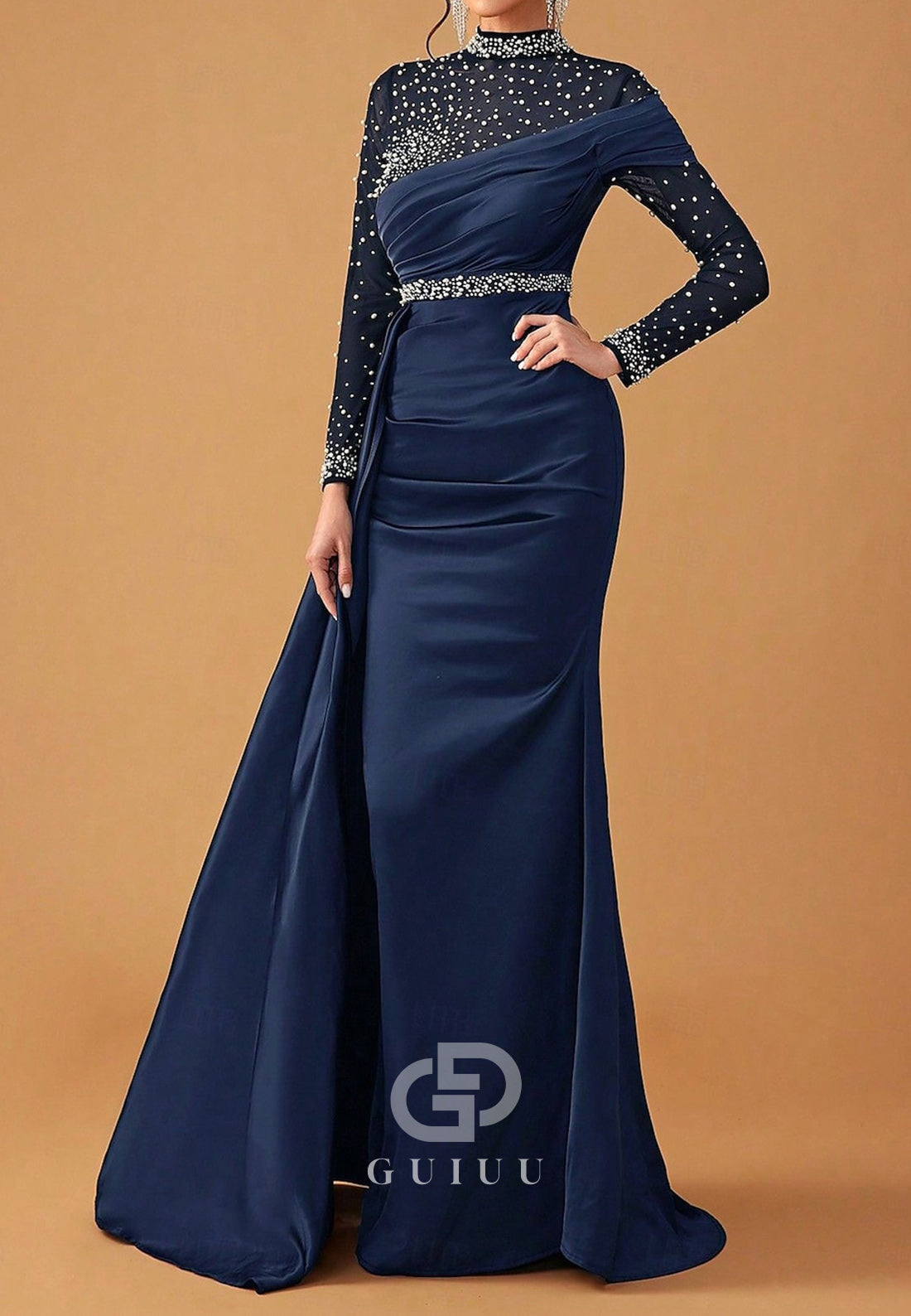 High Neck Long Sleeves Pearls Empire-Waist Mother of the Bride Dress