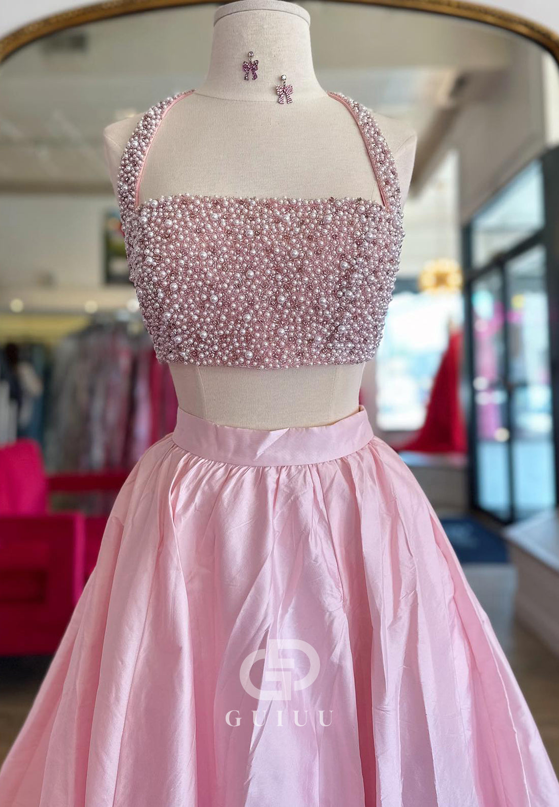 Blushing Pink Spaghetti Straps Square Pearls Prom Dress
