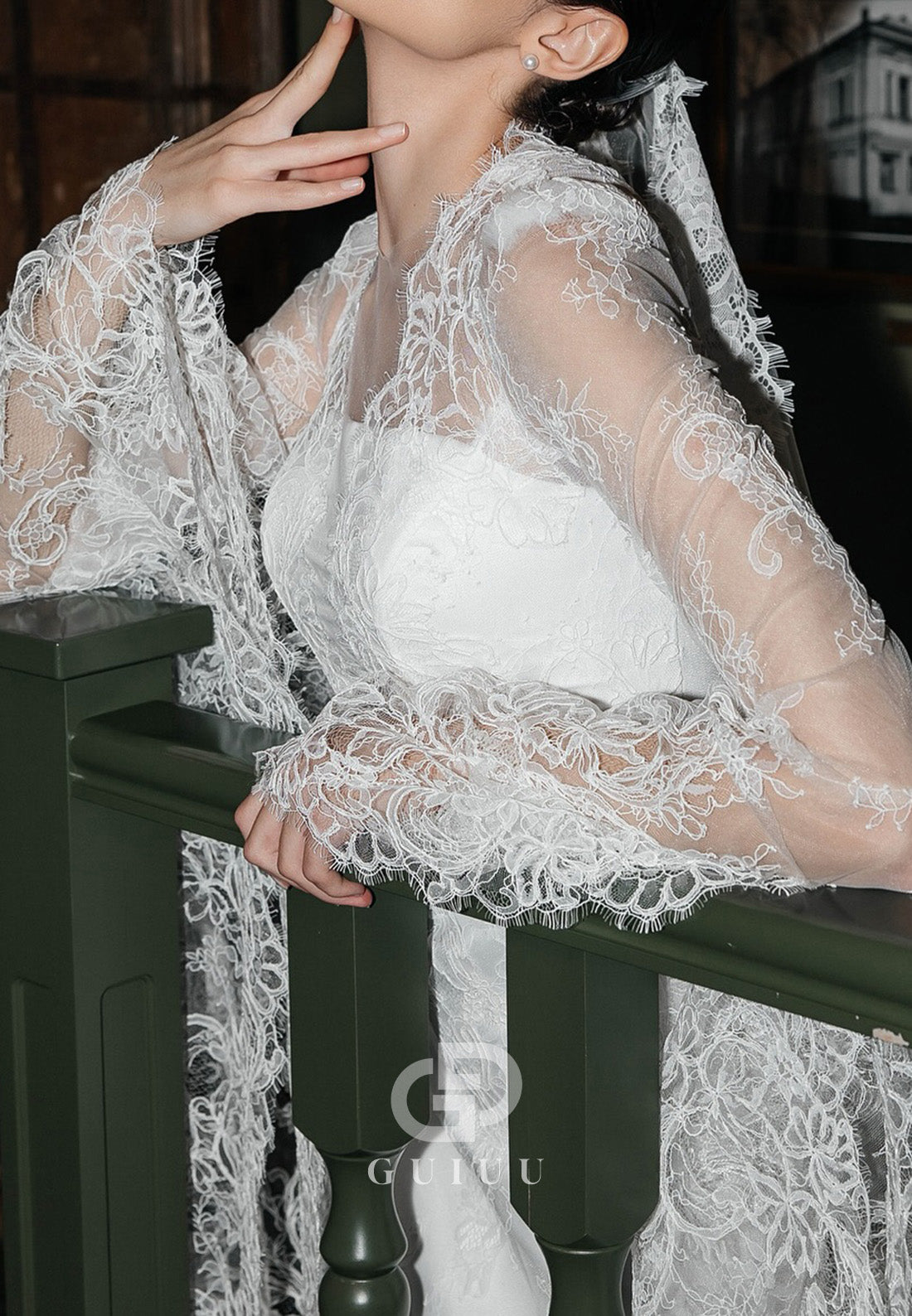 A-Line Long Sleeves Scoop Sweep Train Lace Wedding Dress