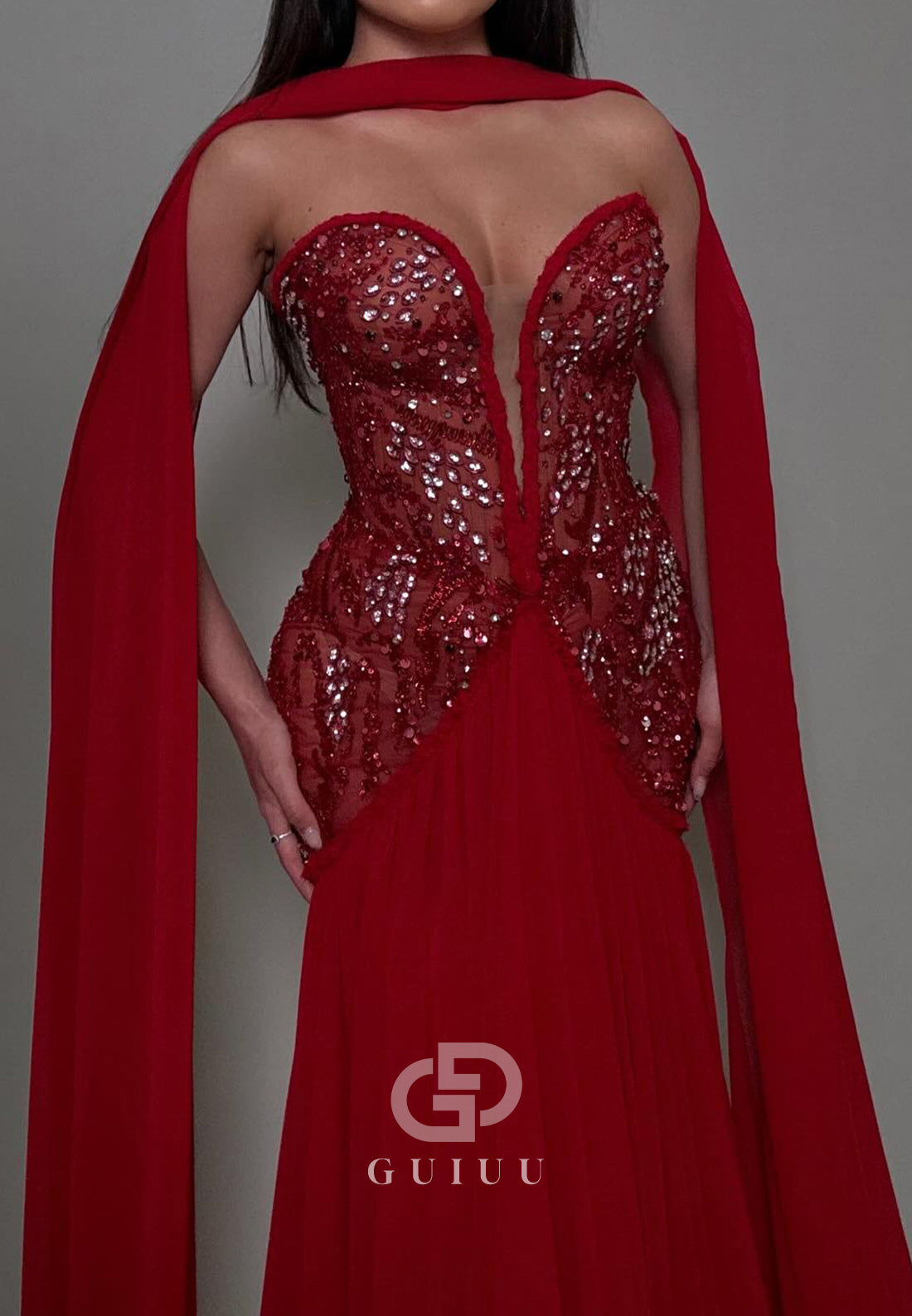 Red Strapless Sleeveless Appliques Sequins Evening Dress
