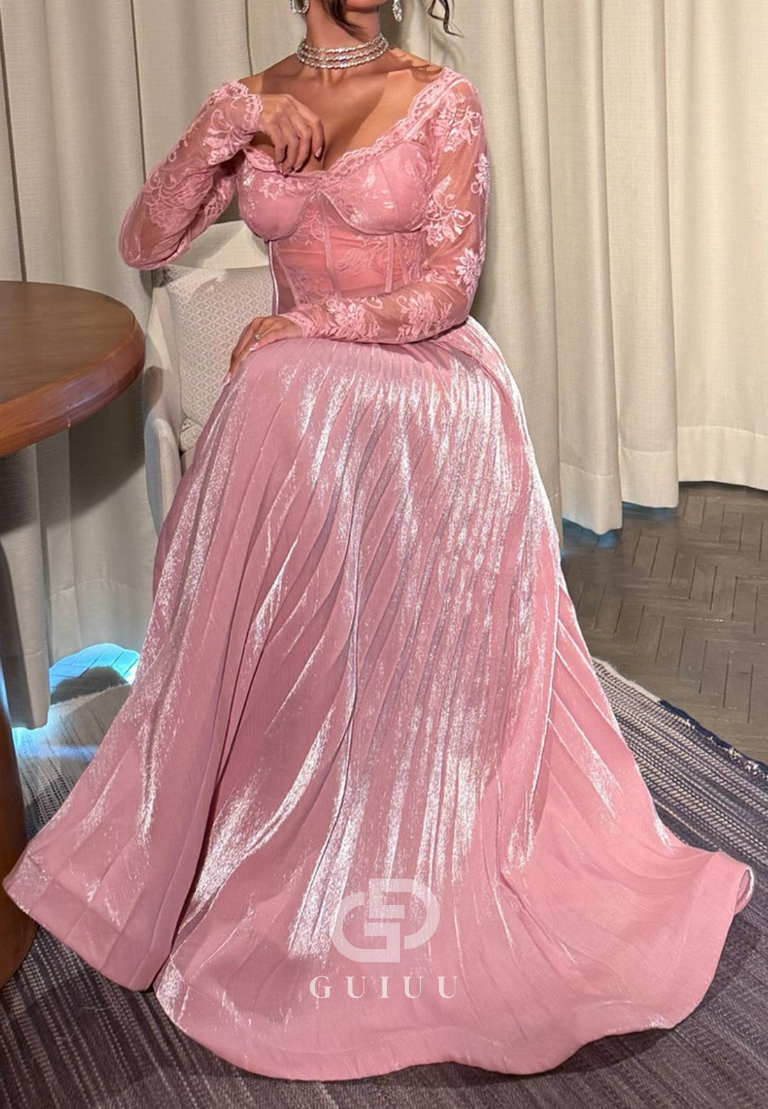 Blushing Pink Long Sleeeves Scoop Corset Tulle Ruched Prom Dress