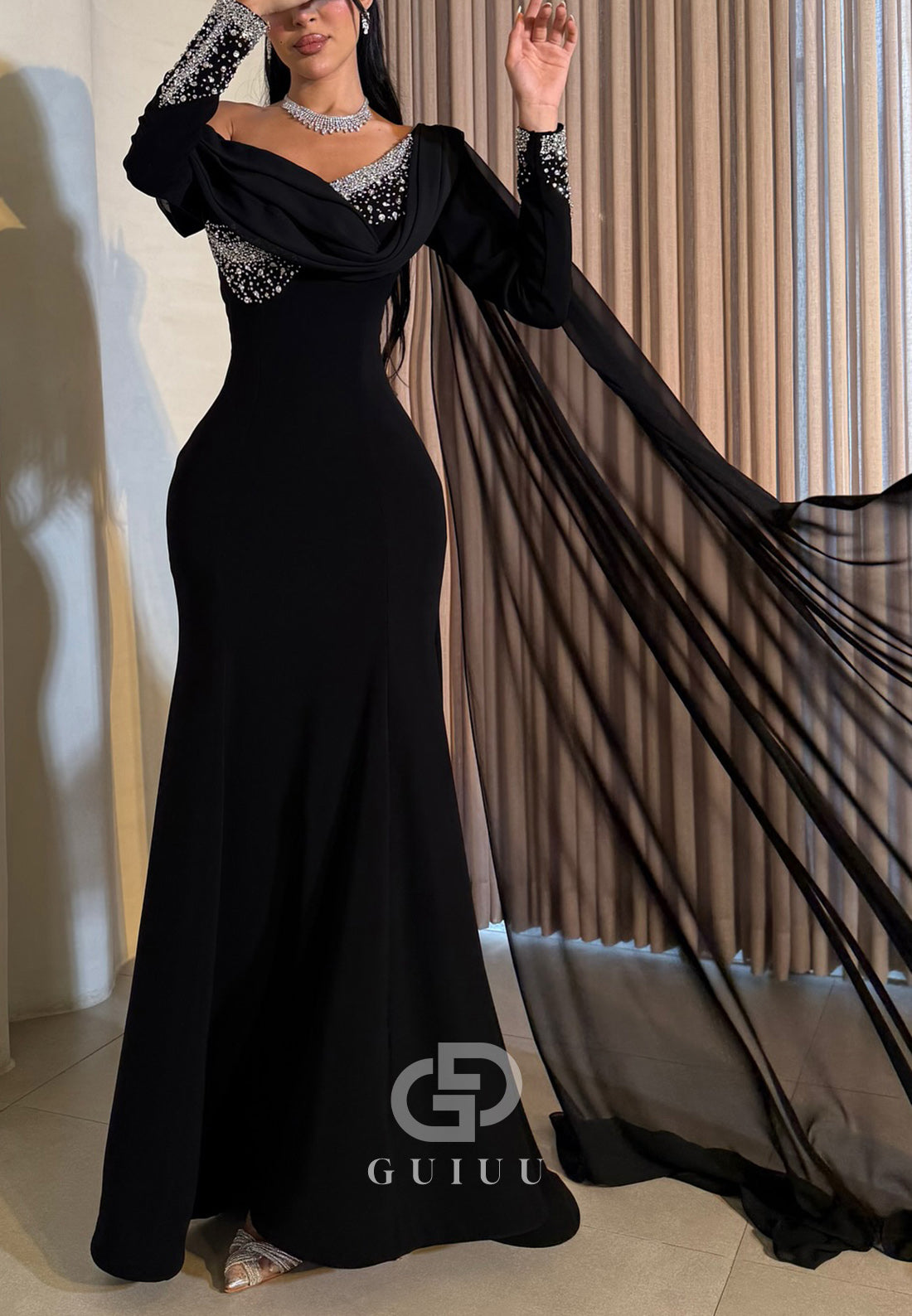 Black Long Sleeves Sequins Ruched Evening Dress