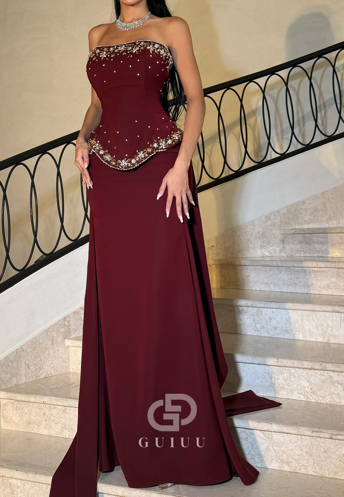 Burgundy Strapless Sleeveless Sequins Corset Evening Dress