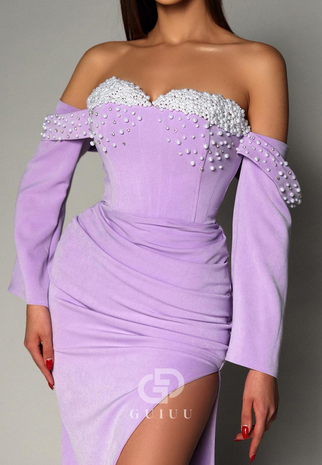 Lilac Half-Sleeves Off-Shoulder Pearls Slit Evening Dress