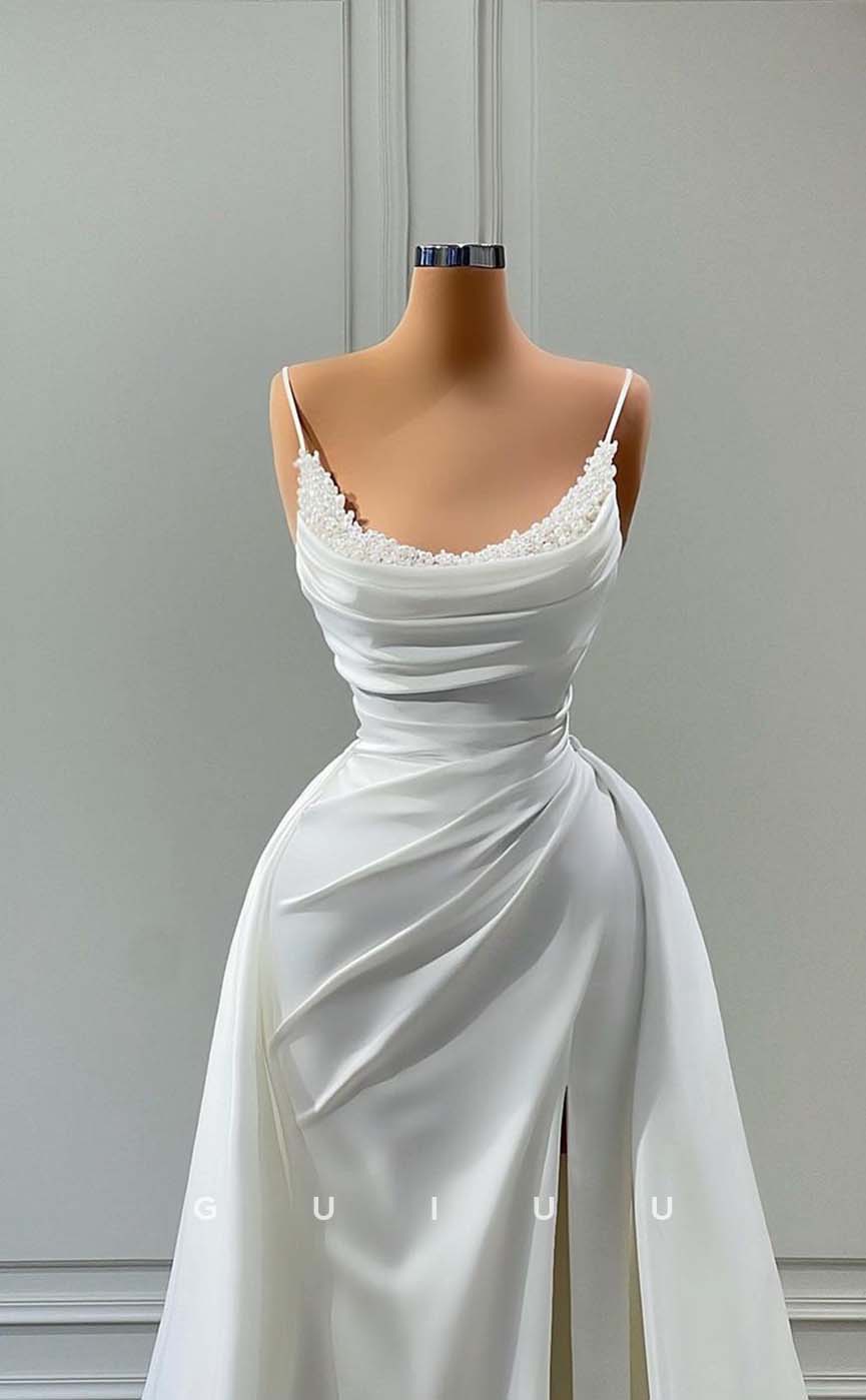 G3285 - Chic & Modern Beaded Scoop Straps Pleats Long Party Prom Evening Dresses