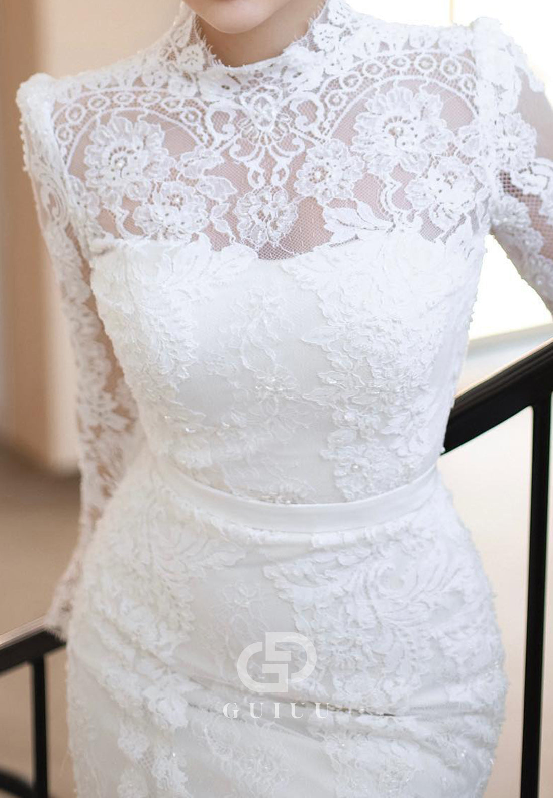 Long Sleeves High Neck Empire-Waist A-Line Wedding Dress