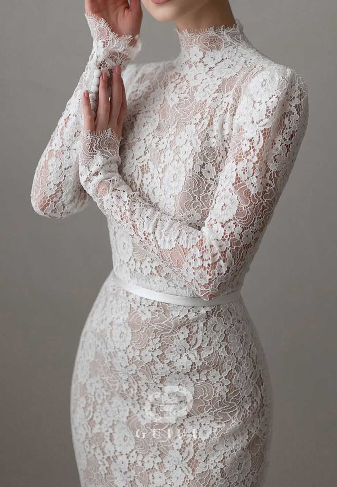 High Neck Long Sleeves Empire-Waist Wedding Dress