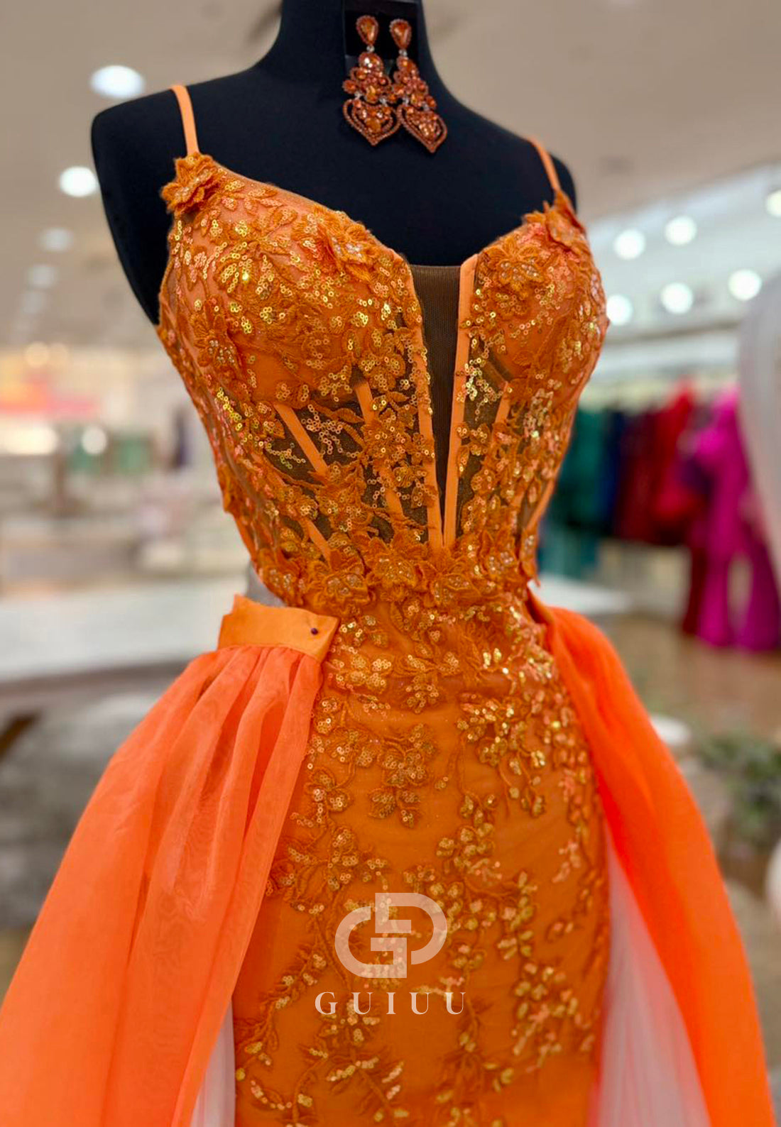 Papaya Spaghetti Straps Sweetheart Appliques Sweep Train Homecoming Dress