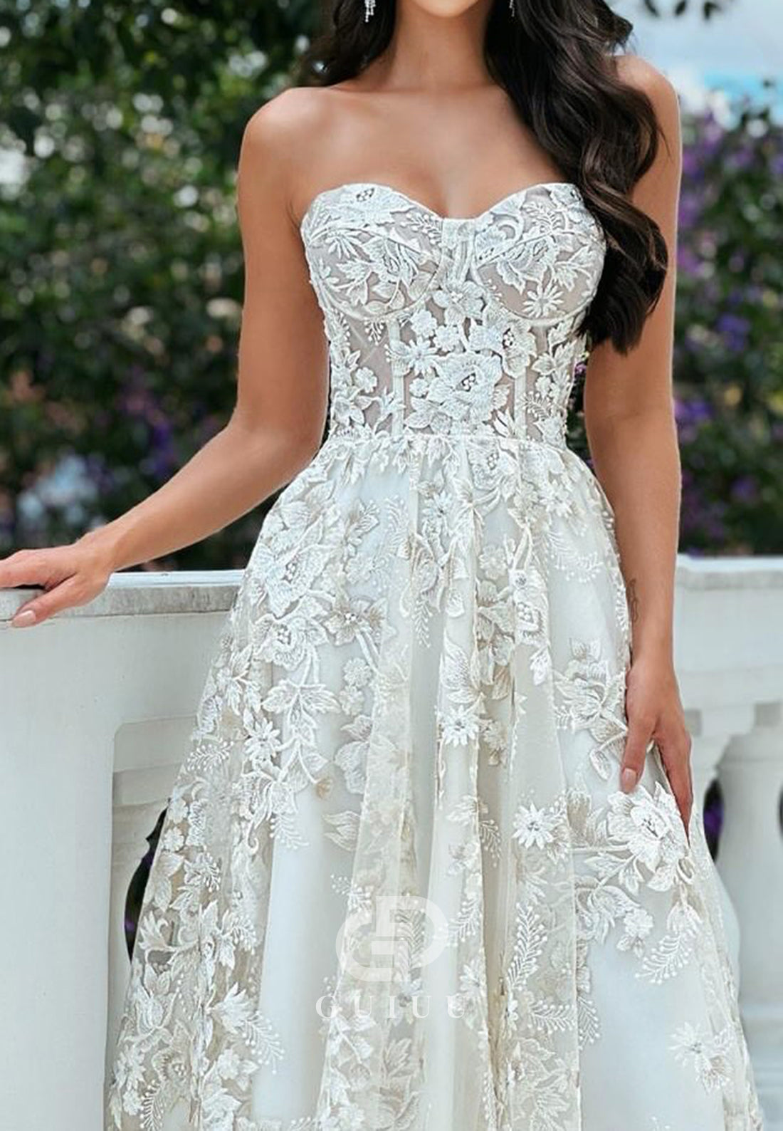 A-Line Strapless Sleeveless Floral Appliques Prom Dress