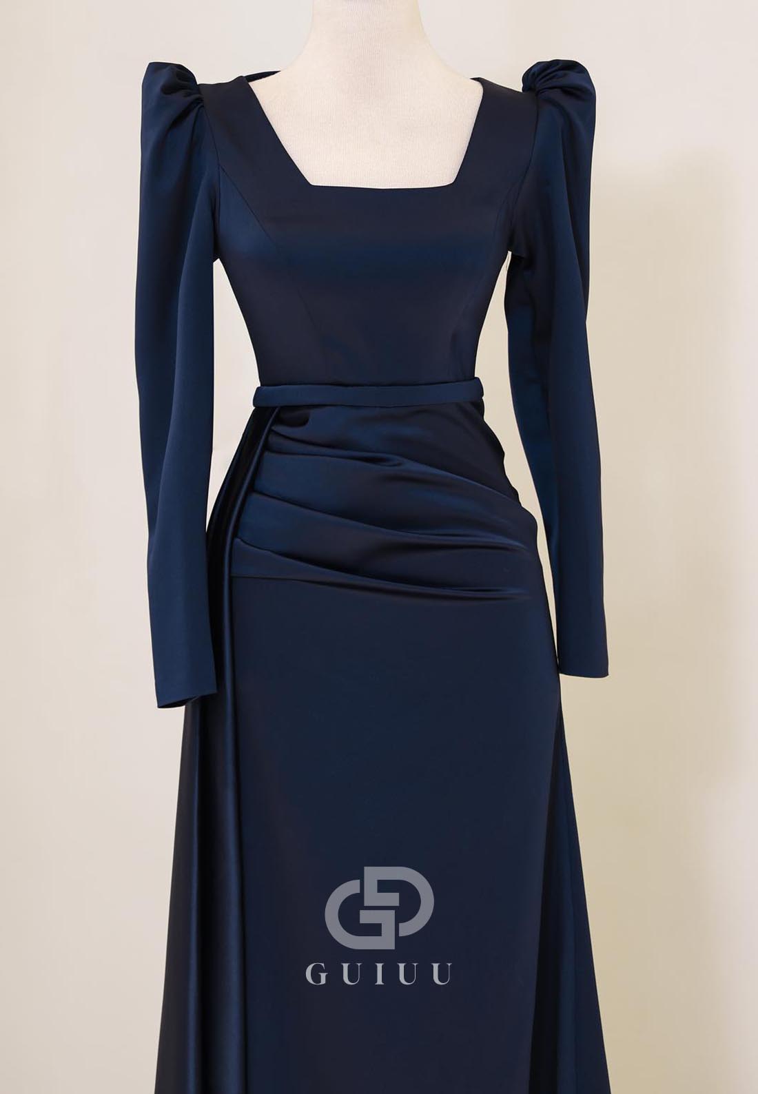 Simple Long Sleeves Square Ruched Floor-Length Evening Dress