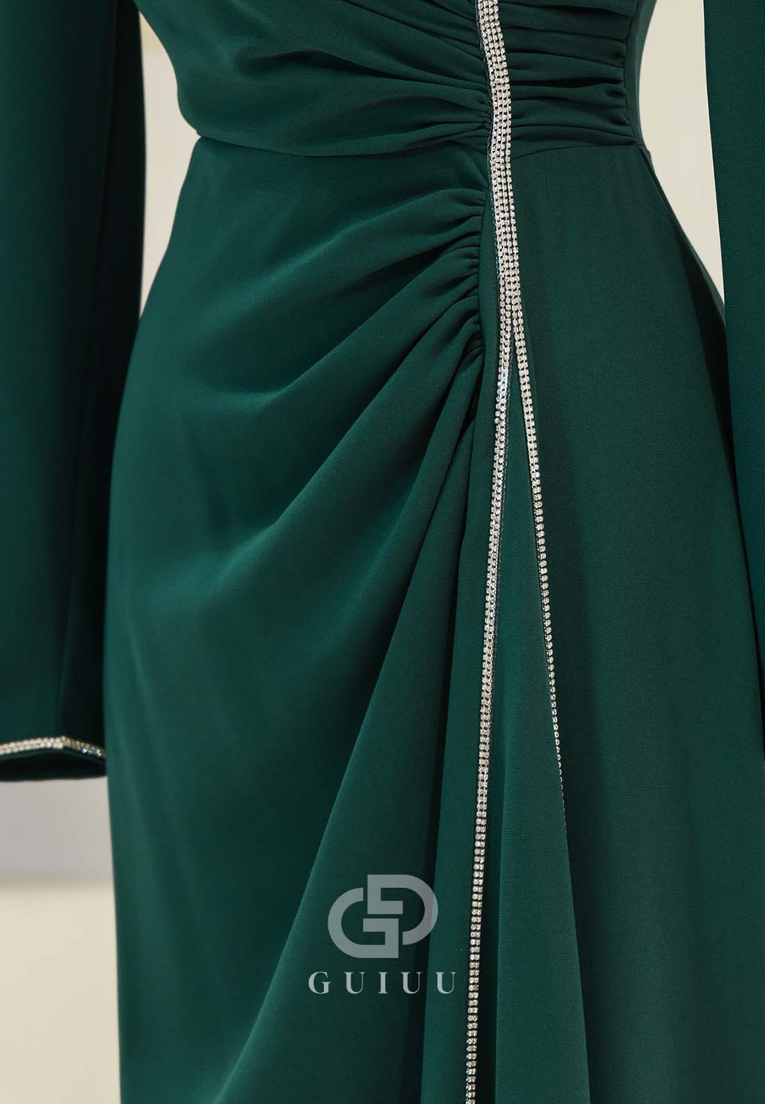 Simple A-Line High Neck Long Sleeves Ruched Formal Evening Dress