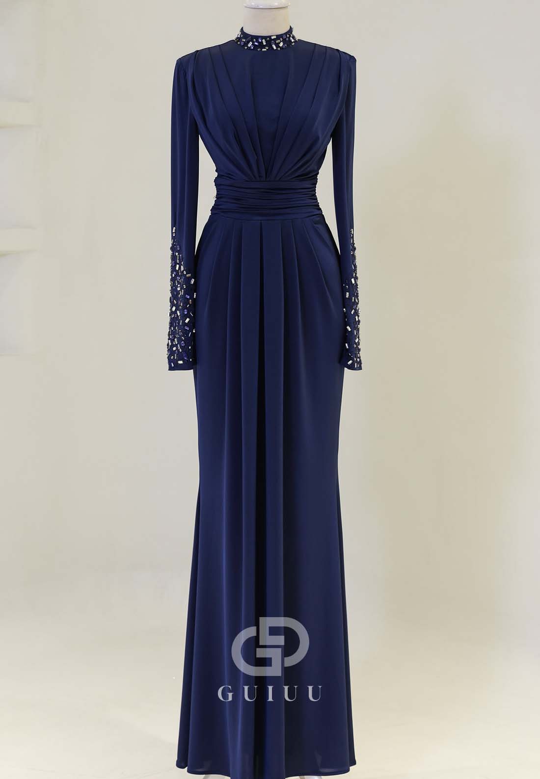 Long Sleeves High Neck Beads Ruched Formal Evening Dress