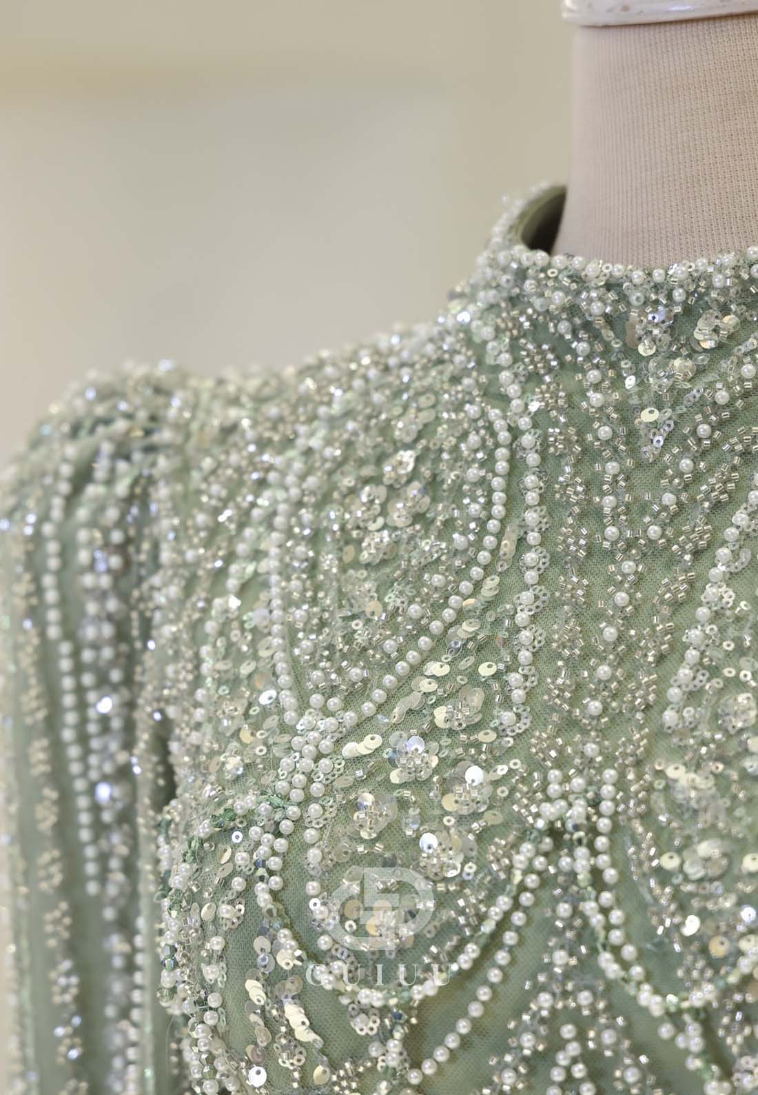 Dusty Sage A-Line High Neck Long Sleeves Sequins Formal Evening Dress