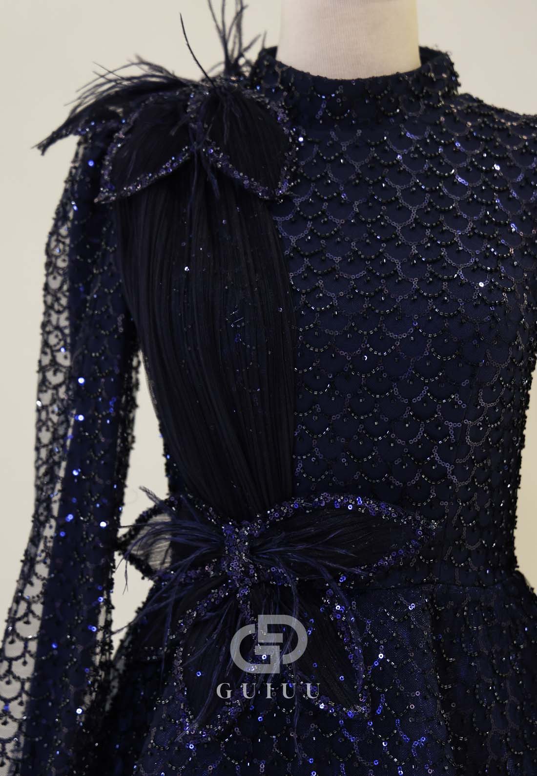 Elegant A-Line Long Sleeves High Neck Empire-Waist Evening Formal Dress